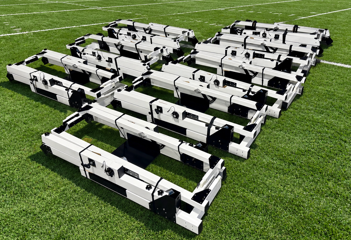 Multiple Podium Shades cantilever shade frames folded flat and staged on a football field turf